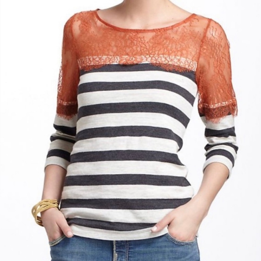 Deletta for Anthropologie Lace/Stripped Top Sz S